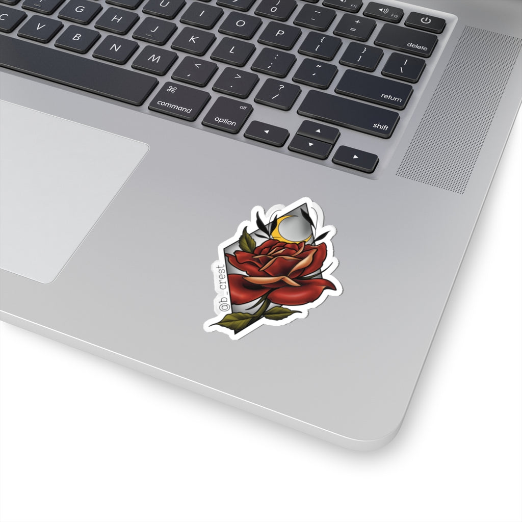Rose & Moon Kiss-Cut Sticker — Vintage Red Rose Laptop Decal