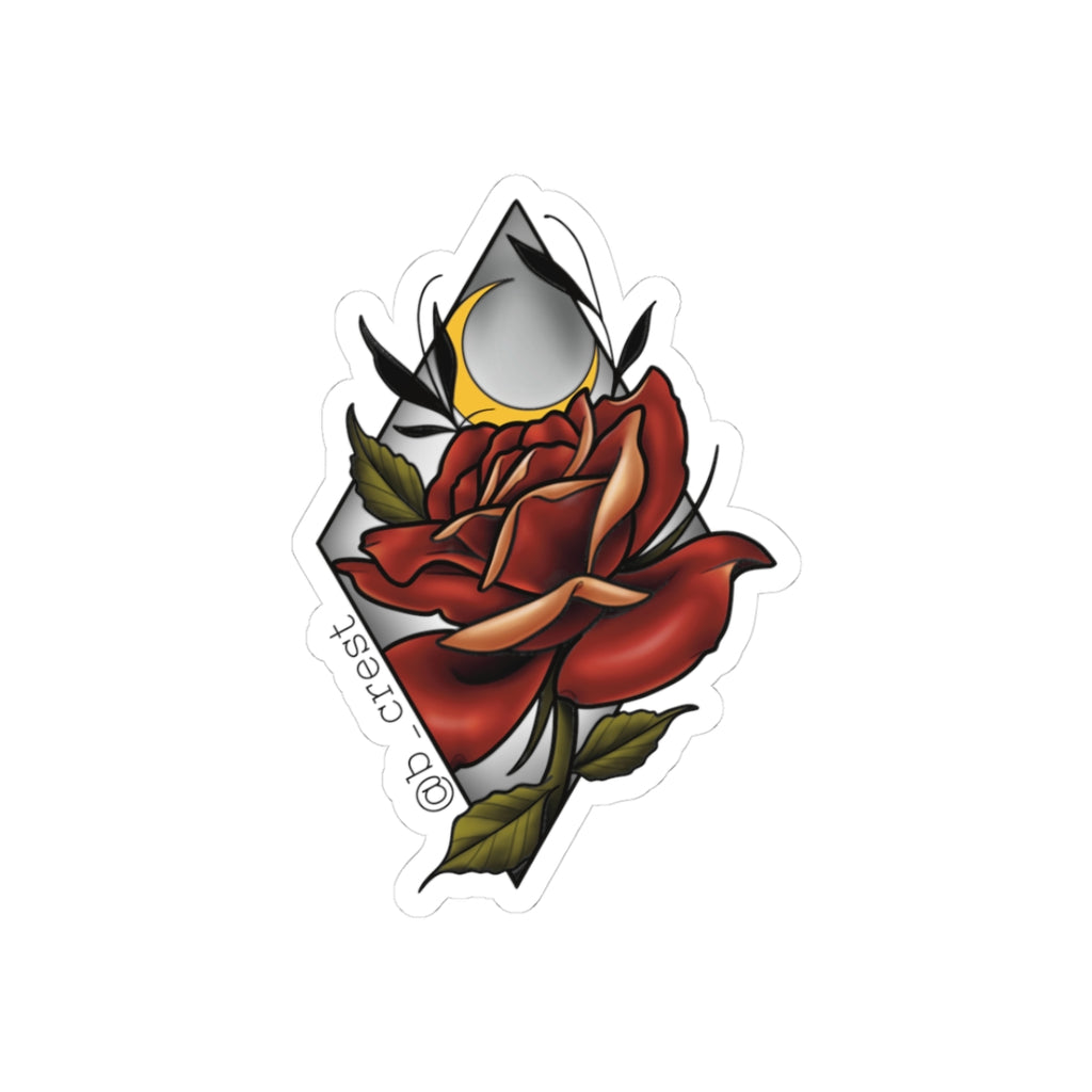 Rose & Moon Kiss-Cut Sticker — Vintage Red Rose Laptop Decal